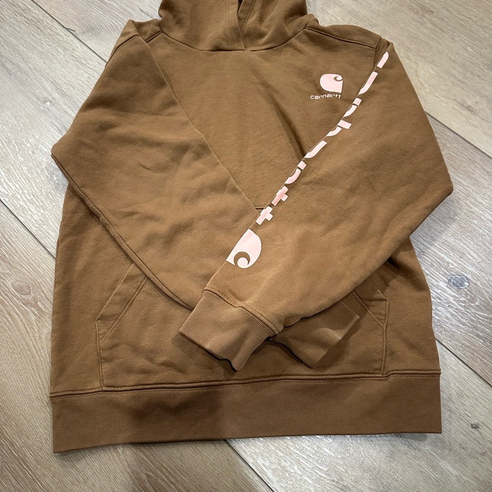 Carhartt Tan Hoodie with Pink Sleeve Logo